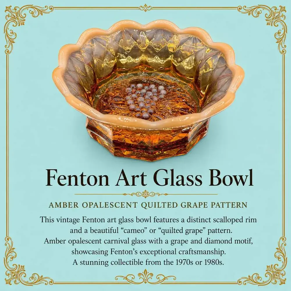 Vintage Fenton Art Glass Amber Opalescent Quilted Grape Pattern Scalloped Bowl